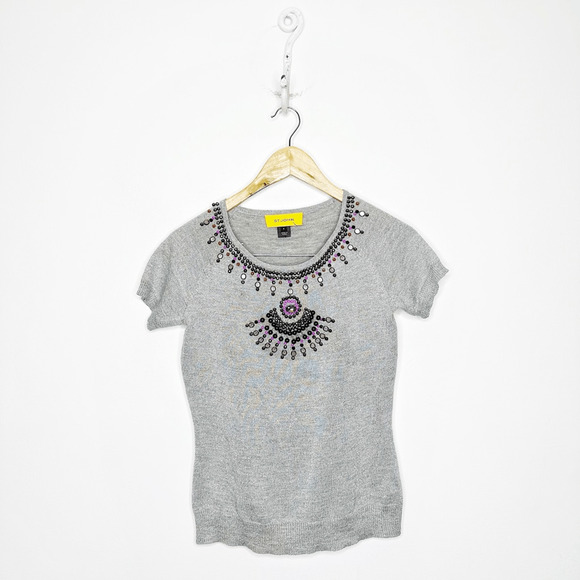 ST. JOHN wool silk knit beaded short sleeve silver gray embellished womens XS - Picture 1 of 10